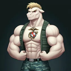 Size: 1024x1024 | Tagged: safe, ai content, derpibooru import, generator:google imagen 3.0, machine learning generated, prompter:zerowinger, bulk biceps, anthro, g4, clothes, cosplay, costume, fatigues, flexing, floppy ears, g.i. joe, gradient background, gung-ho, image, jpeg, male, marine, marines, muscles, muscular male, smiling, solo, tattoo, vest