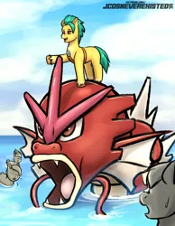 Size: 3169x4092 | Tagged: safe, artist:jcosneverexisted, derpibooru import, hitch trailblazer, earth pony, gyarados, pony, g5, image, jpeg, male, open mouth, open smile, partially submerged, pokémon, raised hoof, sharp teeth, shiny pokémon, smiling, stallion, tail, teeth, unshorn fetlocks, water