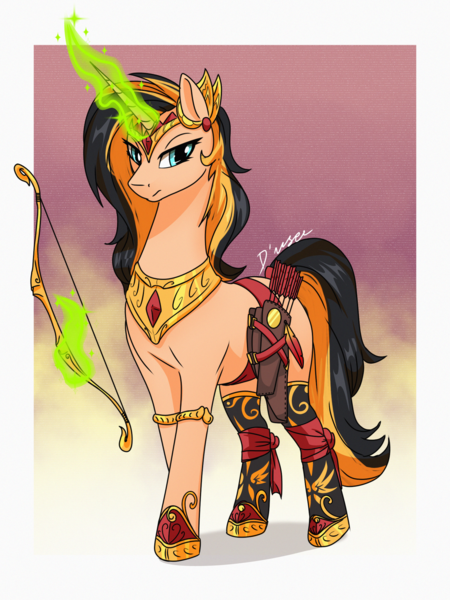 Size: 1536x2048 | Tagged: safe, artist:theuser, derpibooru import, oc, oc:princess kirana, unofficial characters only, unicorn, arrow, bow (weapon), bow and arrow, clothes, horn, image, jewelry, magic, png, regalia, socks, solo, telekinesis, unicorn oc, weapon