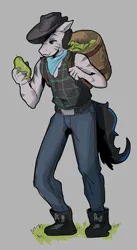 Size: 1116x2042 | Tagged: safe, artist:double-zr-tap, derpibooru import, oc, oc:louie hooferson, unofficial characters only, anthro, zebra, bandana, commissioner:legionofblues, cowboy hat, farmer, food, hat, image, jpeg, pear, solo, zebra oc