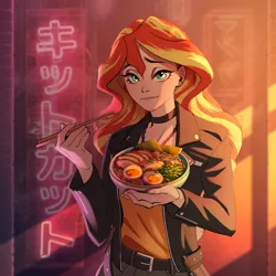 Size: 2000x2000 | Tagged: safe, artist:styarema, derpibooru import, sunset shimmer, human, equestria girls, g4, choker, clothes, ear piercing, earring, food, image, jacket, jewelry, jpeg, necklace, noodles, piercing, ramen