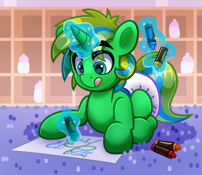 Size: 4000x3457 | Tagged: safe, artist:duckie, derpibooru import, oc, oc:stargriefer, unofficial characters only, pony, unicorn, baby, baby bottle, baby pony, colt, crayon, crayon drawing, daycare, diaper, eyebrows, eyebrows visible through hair, foal, horn, image, levitation, lying down, lying on the ground, magic, magic aura, male, on ground, png, solo, telekinesis, traditional art