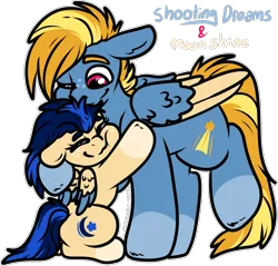 Size: 1651x1578 | Tagged: safe, artist:sexygoatgod, derpibooru import, oc, oc:moon shine, oc:shooting dreams, unofficial characters only, pegasus, pony, adoptable, female, filly, foal, hug, image, male, png, simple background, stallion, transparent background