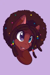 Size: 1365x2048 | Tagged: safe, artist:mscolorsplash, derpibooru import, oc, oc:cosmic brownie, unofficial characters only, earth pony, pony, afro, bald face, beads, blaze (coat marking), coat markings, colored pupils, dreadlocks, ear markings, eyebrows, eyebrows visible through hair, facial markings, female, heterochromia, image, jpeg, mare, open mouth, open smile, smiling, solo, solo female