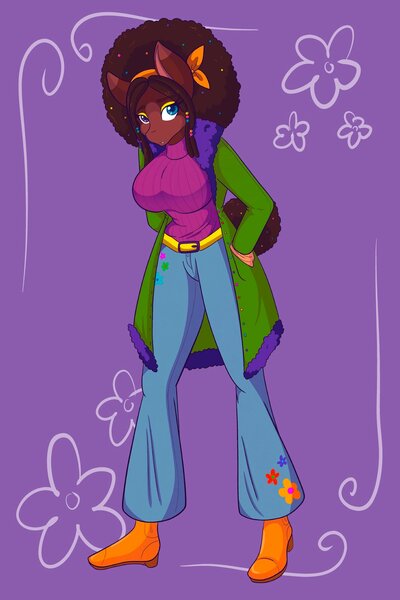 Size: 1365x2048 | Tagged: safe, artist:mscolorsplash, derpibooru import, oc, oc:cosmic brownie, unofficial characters only, anthro, earth pony, plantigrade anthro, 70s, afro, bald face, beads, belt, blaze (coat marking), boots, bow, breasts, clothes, coat markings, cute, denim, dreadlocks, ear markings, eyebrows, eyebrows visible through hair, eyeliner, facial markings, female, flower, hairband, heterochromia, image, jeans, jpeg, looking at you, makeup, open mouth, overcoat, pants, purple background, shoes, short tail, simple background, sweater, tail, turtleneck, turtleneck sweater, vintage