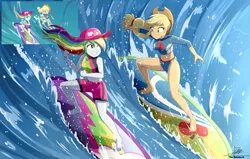 Size: 3034x1934 | Tagged: safe, artist:the-butch-x, derpibooru import, applejack, rainbow dash, human, equestria girls, g4, apple, applejack's beach shorts swimsuit, applejack's hat, bangs, barefoot, belly, belly button, cap, clothes, cowboy hat, cutie mark, cutie mark on clothes, duo, duo female, feet, female, food, freckles, geode of super speed, geode of super strength, hat, image, looking at each other, magical geodes, nudity, ocean, outdoors, png, rainbow dash's beach shorts swimsuit, redraw, scene interpretation, shorts, smiling, surfboard, surfing, thunderbolt, toes, water, wave, windswept hair