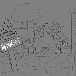 Size: 1155x1155 | Tagged: safe, derpibooru import, ponified, earth pony, pony, unicorn, g4, beavis, beavis and butthead, butthead, danger zone, drawthread, duo, duo female, duochrome, female, gray background, horn, image, lineart, mare, not pinkie pie, not twilight sparkle, nuclear explosion, png, ponified animal photo, ponified horse photo, requested art, simple background, trespassing