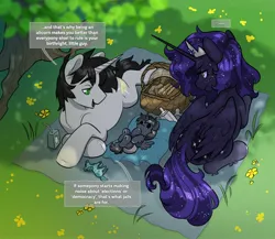 Size: 2400x2084 | Tagged: safe, artist:opalacorn, derpibooru import, oc, oc:princess astri, oc:silver star, unofficial characters only, alicorn, pony, unicorn, ..., baby, baby bottle, baby pony, basket, bottle, colt, commission, dialogue, diaper, family, female, foal, food, horn, image, jpeg, juice, juice box, male, mare, oc x oc, overhead view, picnic basket, picnic blanket, sandwich, shipping, speech bubble, stallion, straight, trio, wings