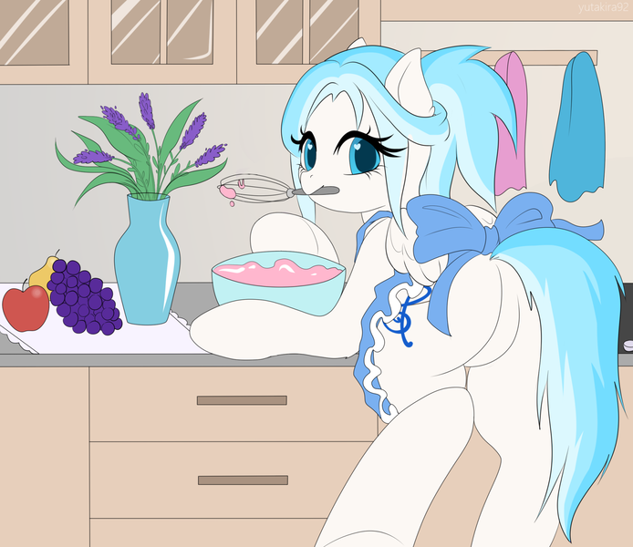 Size: 1920x1660 | Tagged: suggestive, artist:yutakira92, ponerpics import, oc, unofficial characters only, pony, apron, butt, clothes, cooking, female, image, looking back, mare, png