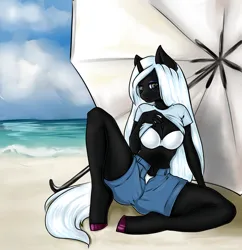 Size: 1920x1986 | Tagged: suggestive, artist:yutakira92, ponerpics import, oc, unofficial characters only, anthro, beach, beach umbrella, bikini, breasts, cleavage, clothes, female, image, png, shirt, shirt lift, shorts, sitting, swimsuit, umbrella