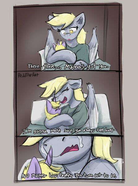 Size: 1974x2656 | Tagged: safe, artist:reddthebat, derpibooru import, derpy hooves, dinky hooves, pegasus, pony, unicorn, g4, baby, baby pony, comic, crying, dialogue, duo, duo female, female, filly, foal, holding a pony, horn, image, jpeg, mare, mother and child, mother and daughter, newborn