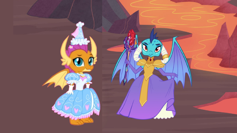 Size: 2048x1150 | Tagged: safe, artist:darlycatmake, artist:jhayarr23, artist:queencold, derpibooru import, princess ember, smolder, dragon, g4, beautiful, bloodstone scepter, clothes, cute, dress, duo, duo female, evening gloves, female, flower, flower in hair, froufrou glittery lacy outfit, gloves, gown, hat, hennin, image, jewelry, long gloves, necklace, petticoat, png, poofy shoulders, pretty, princess, princess costume, princess dress, princess smolder, puffy sleeves, smolder also dresses in style, smolderbetes, tiara