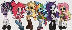 Size: 2048x851 | Tagged: safe, artist:jwnn_, derpibooru import, applejack, fluttershy, pinkie pie, rainbow dash, rarity, sci-twi, twilight sparkle, equestria girls, g4, applejack's hat, bandaid, belt, big eyes, blonde hair, blouse, blue eyes, blue eyeshadow, blue hair, book, book of harmony, boots, bracelet, cardigan, clothes, collared shirt, colored sclera, cowboy hat, cupcake, curly hair, cutie mark accessory, cutie mark hair accessory, denim, denim shorts, dress, ears, evening gloves, exposed belly, eye clipping through hair, eyebrows, eyebrows visible through hair, eyeshadow, female, fingerless elbow gloves, fingerless gloves, food, freckles, frown, gloves, gray sclera, green eyes, group, hair accessory, hair bun, hair tie, hat, holding, horn, humane five, humane six, image, jacket, jewelry, jpeg, knee high boots, leather, leather belt, leather boots, leg warmers, light skin, long arms, long gloves, long hair, long horn, long sleeved shirt, long sleeves, looking at you, makeup, midriff, miniskirt, narrowed eyes, open mouth, orange skin, pegasus wings, pink eyes, pink eyeshadow, pink hair, pink skin, pink skirt, pleated skirt, ponied up, ponytail, purple eyes, purple hair, purple skin, purple skirt, purse, raised arm, ringlets, sextet, shirt, shoes, shorts, simple background, skirt, slender, sneakers, spread wings, square glasses, standing, stetson, strawberry, tanktop, thick glasses, thin, thin arms, thin legs, three toned hair, tied hair, track jacket, unicorn horn, wall of tags, white background, wings