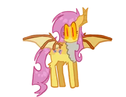 Size: 1650x1275 | Tagged: safe, alternate version, artist:koidial, derpibooru import, fluttershy, bat pony, pony, g4, alternate design, bat ponified, big ears, big eyes, body fluff, brown wings, butt fluff, chest fluff, colored, colored chest fluff, colored lineart, colored sclera, colored wings, eye clipping through hair, eyelashes, female, flat colors, flutterbat, hock fluff, image, mare, no catchlights, no mouth, no pupils, pink mane, pink tail, png, race swap, red eyes, requested art, shiny mane, shiny tail, signature, solo, spread wings, standing, tail, two toned wings, wings, yellow coat