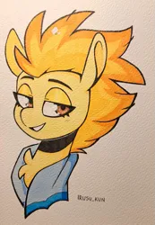 Size: 509x734 | Tagged: safe, artist:lrusu, derpibooru import, spitfire, pegasus, pony, g4, canvas, chest fluff, female, image, mare, painting, png, smiling, solo, towel, traditional art