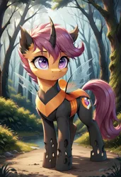 Size: 800x1169 | Tagged: safe, ai content, derpibooru import, machine learning generated, prompter:gregorymars, stable diffusion, scootaloo, changedling, changeling, pony, g4, changedlingified, cutie mark on changeling, female, forest, generator:pony diffusion v6 xl, image, jpeg, mare, nature, outdoors, scootaling, solo, species swap, tree