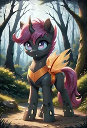 Size: 800x1169 | Tagged: safe, ai content, derpibooru import, machine learning generated, prompter:gregorymars, stable diffusion, scootaloo, changedling, changeling, pony, g4, changedlingified, female, forest, generator:pony diffusion v6 xl, image, jpeg, mare, nature, outdoors, scootaling, solo, species swap, tree