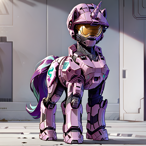 Size: 1024x1024 | Tagged: safe, ai content, derpibooru import, generator:autismmixpony, machine learning generated, prompter:thunderflash, stable diffusion, starlight glimmer, pony, unicorn, armor, halo (series), horn, image, outdoors, png, solo, spartan