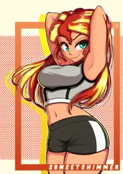 Size: 706x1000 | Tagged: safe, artist:the-park, derpibooru import, sunset shimmer, human, equestria girls, g4, abstract background, arm behind head, armpits, belly, belly button, breasts, busty sunset shimmer, clothes, drop shadow, female, highlights, human coloration, image, midriff, modern art, name, png, pop art, rosy cheeks, shorts, signature, smiling, solo, sports outfit