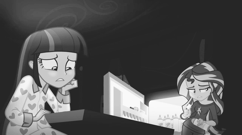 Size: 1280x714 | Tagged: safe, derpibooru import, edit, edited screencap, screencap, sunset shimmer, twilight sparkle, human, equestria girls, g4, bright, clothes, detective, discussion, duo, duo female, female, humanized, image, jpeg, light, monochrome, my little pony equestria girls: rainbow rocks, pajamas, rainbow rocks 10th anniversary, refrigerator, scene