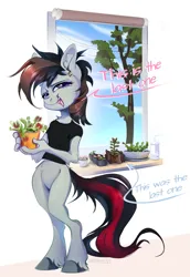 Size: 1983x2876 | Tagged: safe, artist:mithriss, derpibooru import, oc, oc:#, unofficial characters only, anthro, earth pony, pony, unguligrade anthro, accessory, chest fluff, clothes, ear piercing, earring, female, image, jewelry, mare, piercing, plant, png, shirt, solo, t-shirt, text, window