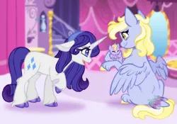 Size: 2048x1431 | Tagged: safe, artist:carouselunique, derpibooru import, derpy hooves, dinky hooves, rarity, pegasus, pony, unicorn, carousel boutique, female, hairband, horn, image, jpeg, mare, newborn foal, side stars au