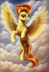 Size: 832x1216 | Tagged: safe, ai content, derpibooru import, generator:civitai, machine learning generated, prompter:nickdisneyfan78, stable diffusion, spitfire, pegasus, pony, g4, cloud, female, flying, full body, generator:pony diffusion v6 xl, image, jpeg, looking at you, outdoors, sky, solo, solo female