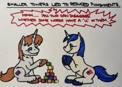 Size: 2048x1463 | Tagged: safe, artist:hoofclid, derpibooru import, shining armor, oc, oc:hoofclid, pony, unicorn, g4, blocks, duo, duo male, horn, image, jpeg, male, marker drawing, sitting, smiling, traditional art