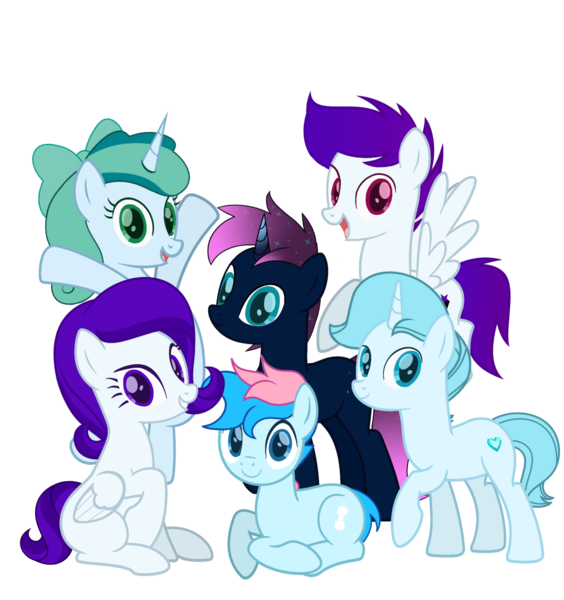 Size: 3760x4000 | Tagged: safe, artist:ramixe dash, derpibooru import, oc, oc:blue chewings, oc:crystal heart g5, oc:lightning stars, oc:osiris eclipse, oc:prixy, oc:violet sparkle, unofficial characters only, earth pony, pegasus, pony, unicorn, g4, g5, base used, g5 to g4, generation leap, horn, image, png, text, watermark