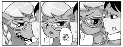 Size: 1733x664 | Tagged: safe, artist:anonymous, silver spoon, human, pony, blushing, female, filly, foalcon, human on filly action, human on pony action, image, interspecies, kissing, male, manga style, monochrome, png, reference, straight