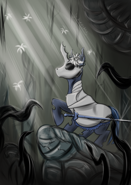 Size: 2508x3541 | Tagged: safe, artist:kirieshka, derpibooru import, oc, unofficial characters only, changeling, abyss, alternate universe, armor, deep, equipment, flower, hollow knight, image, png, sword, tentacles, weapon