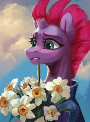 Size: 738x1000 | Tagged: safe, artist:jewellier, derpibooru import, part of a set, tempest shadow, pony, unicorn, blushing, bouquet of flowers, bust, cloud, daffodil (flower), female, flower, horn, image, mare, png, portrait, sky background, solo