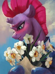 Size: 738x1000 | Tagged: safe, artist:jewellier, derpibooru import, part of a set, tempest shadow, pony, unicorn, blushing, bouquet of flowers, bust, cloud, daffodil (flower), female, flower, horn, image, mare, png, portrait, sky background, solo