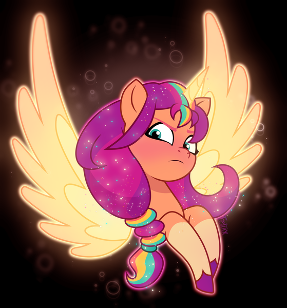 Size: 2401x2577 | Tagged: safe, artist:felux, derpibooru import, sunny starscout, alicorn, earth pony, pony, g5, my little pony: a new generation, my little pony: tell your tale, artificial horn, artificial wings, augmented, black background, blushing, female, glitter, glow, horn, image, magic, magic aura, magic horn, magic wings, mane stripe sunny, mare, png, race swap, serious, serious face, simple background, solo, sunnycorn, transformation, wings