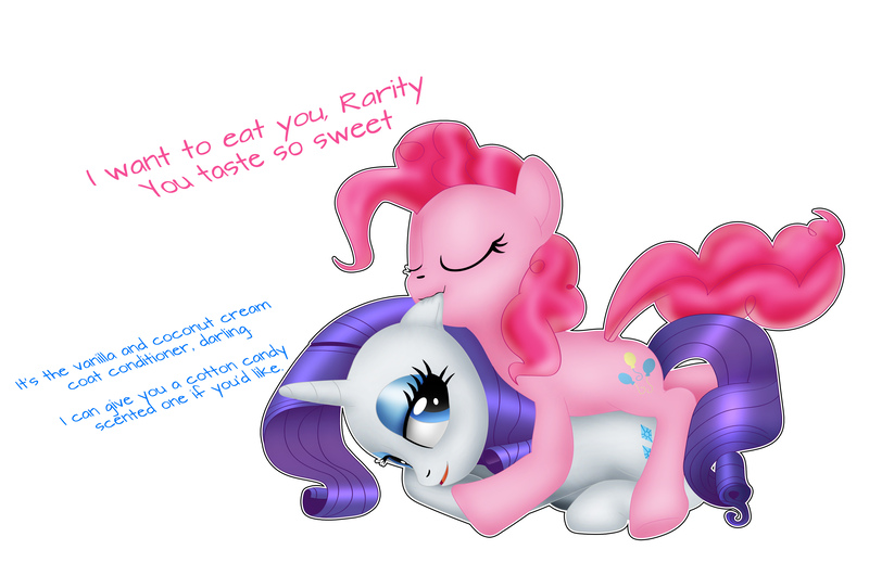 Size: 5244x3475 | Tagged: safe, artist:anonymousandrei, derpibooru import, pinkie pie, rarity, earth pony, pony, unicorn, g4, biting, derpibooru exclusive, dialogue, duo, duo female, ear bite, eyes closed, female, horn, hug, hug from behind, image, jpeg, lesbian, lidded eyes, lying down, lying on top of someone, mare, outline, ponyloaf, prone, ship:raripie, shipping, simple background, talking, text, white background