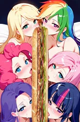 Size: 768x1172 | Tagged: suggestive, ai content, derpibooru import, edit, editor:sammykun, machine learning generated, applejack, fluttershy, pinkie pie, rainbow dash, rarity, twilight sparkle, human, g4, bed, big penis, censored, humanized, image, jpeg, licking, mane six, mayonnaise, not porn, nudity, open mouth, penis, prompter:sammykun, sandwich censorship, sauce, tongue out