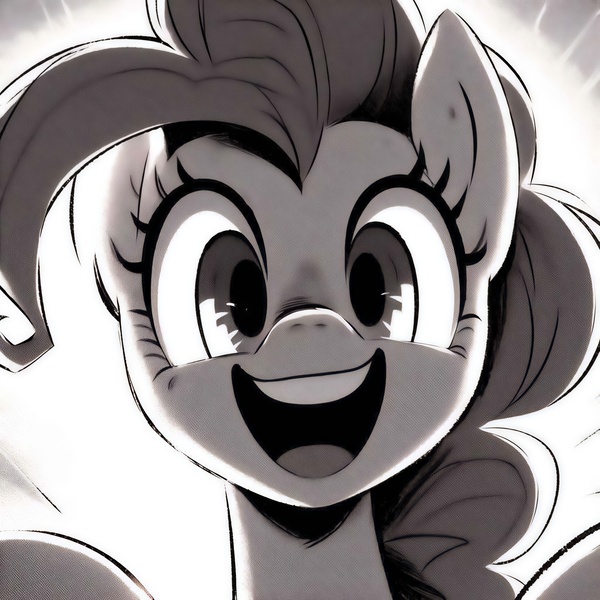 Size: 2560x2560 | Tagged: safe, ai content, machine learning generated, prompter:enterusxrname, pinkie pie, earth pony, pony, generator:bing image creator, generator:dall-e 3, grayscale, image, jpeg, manga style, monochrome, open mouth, smiling, solo