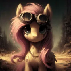 Size: 1024x1024 | Tagged: safe, ai content, machine learning generated, prompter:enterusxrname, fluttershy, pegasus, pony, generator:bing image creator, goggles, image, jpeg, solo, wasteland