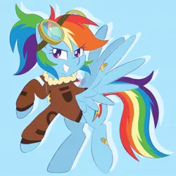 Size: 1503x1503 | Tagged: safe, artist:czscribbles, derpibooru import, rainbow dash, pegasus, pony, g4, aviator goggles, bandaid, blue background, bomber jacket, clothes, cute, dashabetes, female, goggles, grin, image, jacket, jpeg, looking at you, mare, simple background, smiling, solo, spread wings, wings