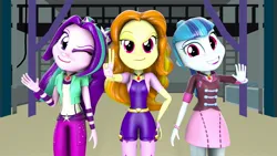 Size: 1920x1080 | Tagged: safe, artist:rainofbladess, derpibooru import, adagio dazzle, aria blaze, sonata dusk, human, equestria girls, g4, 2024, 3d, clothes, gymnasium, hand on hip, happy, image, jpeg, looking at you, one eye closed, photo, rainbow rocks 10th anniversary, smiling, source filmmaker, teeth, waving, wink