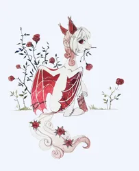 Size: 2440x3000 | Tagged: safe, artist:sivelu, derpibooru import, oc, unofficial characters only, bat pony, pony, ear piercing, ear tufts, earring, fangs, female, flower, flower in mouth, flower in tail, image, jewelry, jpeg, looking at you, looking back, looking back at you, mare, mouth hold, piercing, rose, rose in mouth, simple background, solo, tail, vine, white background