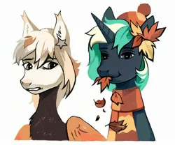 Size: 2560x2133 | Tagged: safe, artist:sivelu, derpibooru import, oc, unofficial characters only, pegasus, pony, unicorn, autumn leaves, beanie, clothes, duo, ear fluff, ear tufts, eating, hat, horn, image, jpeg, leaf, leaves, leaves in hair, scarf, simple background, striped scarf, white background