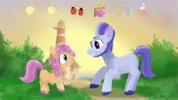 Size: 1280x720 | Tagged: safe, artist:addelum, derpibooru import, sunny starscout, earth pony, pony, g5, my little pony: a new generation, argyle starshine, duo, duo male and female, female, filly, filly sunny starscout, foal, image, lighthouse, male, png, stallion, sunshine sunshine, younger