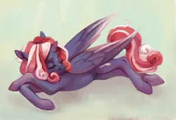 Size: 1800x1229 | Tagged: safe, artist:weird--fish, derpibooru import, oc, oc:hidey, unofficial characters only, pegasus, pony, eyes closed, female, horn, image, jpeg, lying down, not an alicorn, pegasus oc, solo, wings