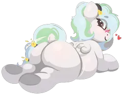 Size: 1085x842 | Tagged: suggestive, artist:rhythmpixel, derpibooru import, oc, oc:river chime, unofficial characters only, pegasus, pony, bells, belly, blushing, butt, female, image, large butt, lineless, looking at you, looking back, looking back at you, mare, plot, png, presenting, simple background, solo, transparent background