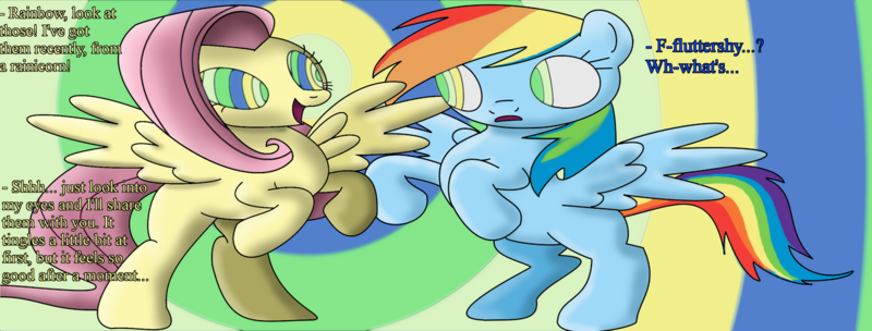 Size: 1280x487 | Tagged: safe, artist:luszor2, derpibooru import, fluttershy, rainbow dash, pegasus, pony, :o, cute, dashabetes, duo, female, hypno dash, hypno eyes, hypnoshy, hypnosis, hypnotized, image, implied lady rainicorn, kaa eyes, mare, open mouth, open smile, png, shyabetes, smiling, spread wings, text, wings