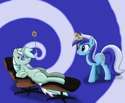 Size: 1280x1048 | Tagged: safe, artist:luszor2, derpibooru import, lyra heartstrings, minuette, pony, unicorn, chair, cute, duo, female, glow, glowing horn, horn, hypnosis, hypnotized, image, jpeg, looking at each other, looking at someone, lyrabetes, mare, minubetes, pocket watch, sitting, smiling, smiling at each other