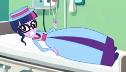 Size: 6594x3768 | Tagged: safe, artist:cartoonmasterv3, derpibooru import, sci-twi, twilight sparkle, human, equestria girls, g4, bed, clothes, dress, edwardian, gown, hospital, hospital bed, hospital room, humanized, hypno eyes, hypnosis, hypnotized, image, long dress, long skirt, png, skirt, solo