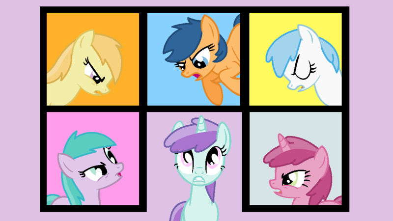 Size: 1280x720 | Tagged: safe, artist:maddiewondermanforever36, artist:rain-approves, derpibooru import, cotton cloudy, first base, liza doolots, noi, petunia, ruby pinch, tootsie flute, earth pony, pegasus, pony, unicorn, g4, season 1, the ticket master, adorabase, angry, aura (g4), aurabetes, base used, cottonbetes, cute, eyes closed, female, filly six, flying, frown, grin, group, horn, image, lavender background, looking up, madorable, mare, narrowed eyes, noiabetes, older, older aura (g4), older cotton cloudy, older first base, older liza doolots, older noi, older petunia, older ruby pinch, older tootsie flute, pegasus first base, pinchybetes, png, race swap, sextet, shocked, simple background, smiling, talking, tootsie cute, yelling