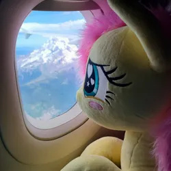 Size: 1791x1791 | Tagged: safe, artist:anonymous, artist:qtpony, derpibooru import, fluttershy, pony, g4, blushing, cloud, female, fluttershy plushie, image, irl, jpeg, looking out the window, mare, photo, plane, plushie, solo, window